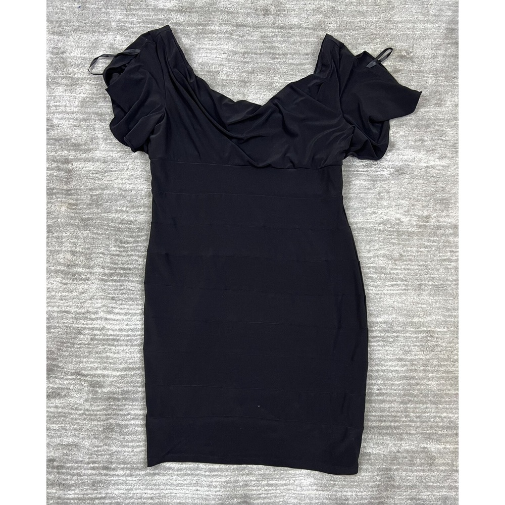 Jackie Jon Dress Womens 16 Black Sheath Cocktail Tiered Ruffle Sleeve Cowl Neck